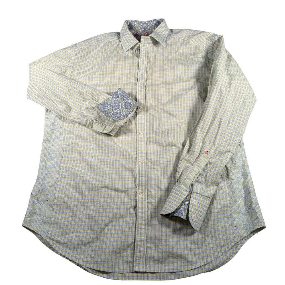Robert Graham Button Down Shirt‎ Mens XL Yellow Blue Check Embroidered Floral